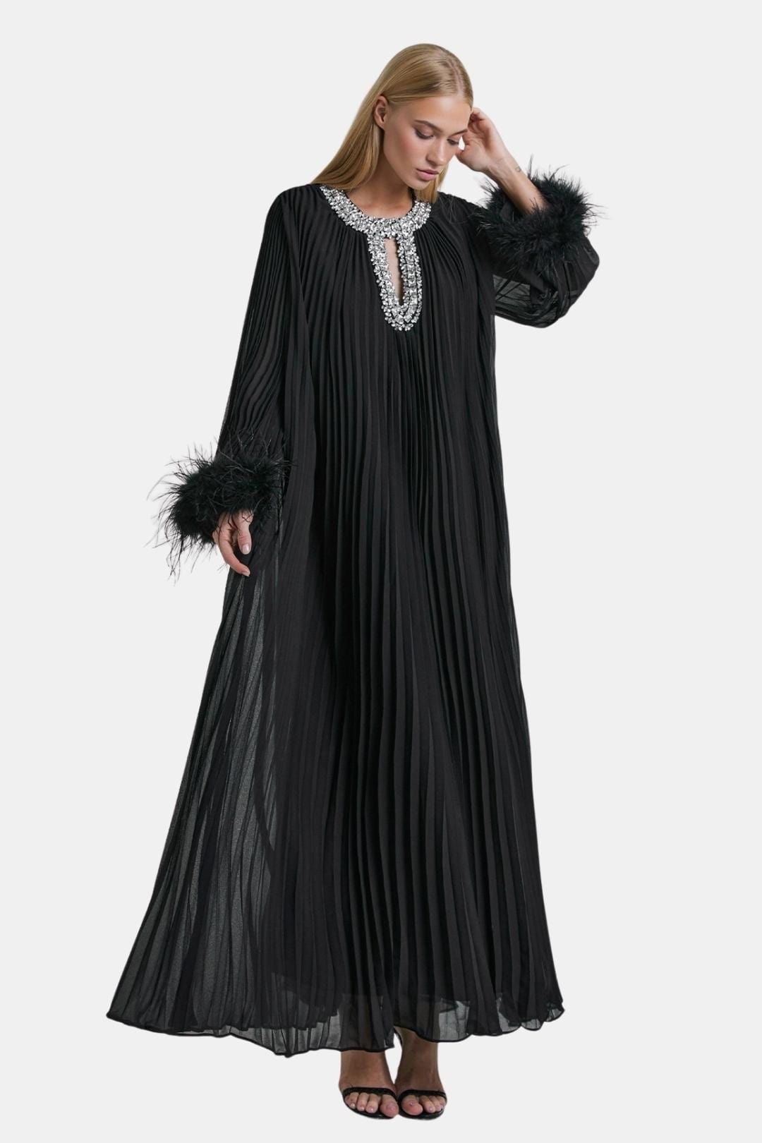 Diamante Feathered Pleated Maxi Chiffon Cocktail Dress  Modesia