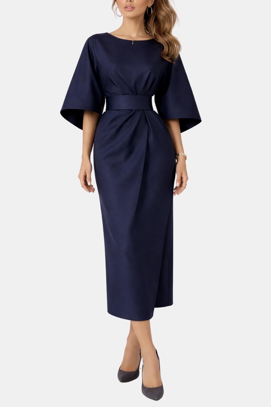Midi Dress – Elegant Belted Midi Dress with Flowing Silhouette – Modesia