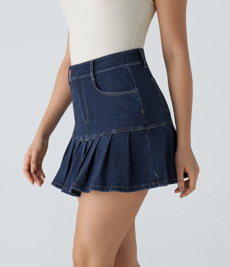 High-Waisted Pleated Denim Mini Skirt | Stretch Cotton | Feminine and Playful