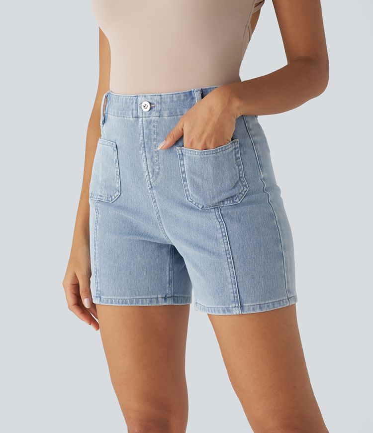 High-Waisted Denim Shorts with Patch Pockets | Stretch Cotton | Vintage and Stylish