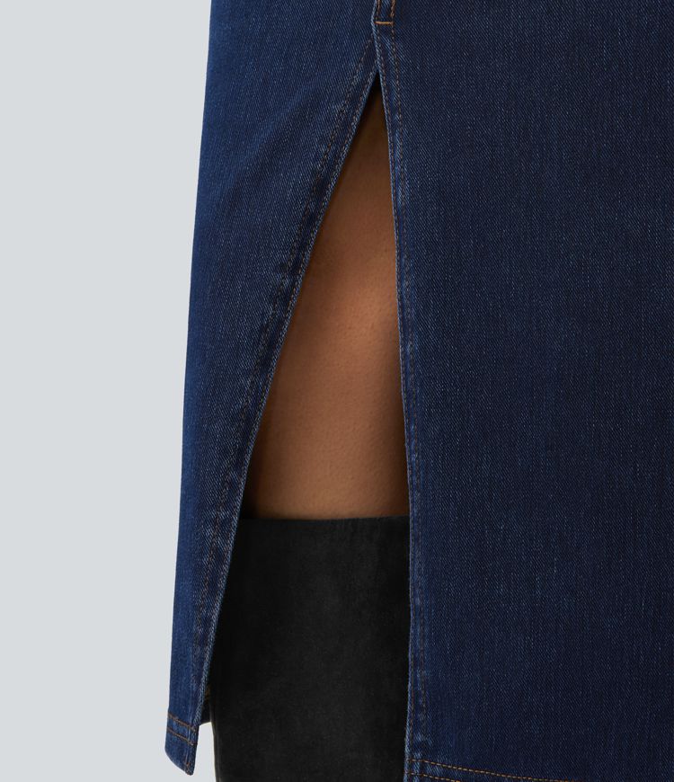 High-Waisted Denim Midi Skirt with Side Slit | Stretch Denim | Elegant and Versatile