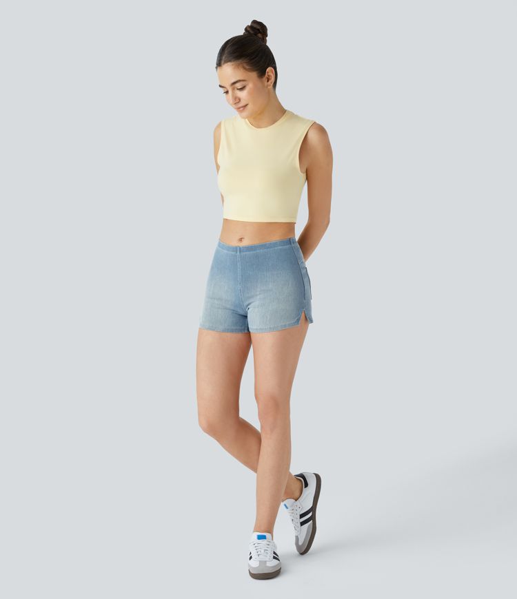 High-Waisted Cheeky Denim Shorts with Side Slits | Stretch Cotton | Bold and Playful