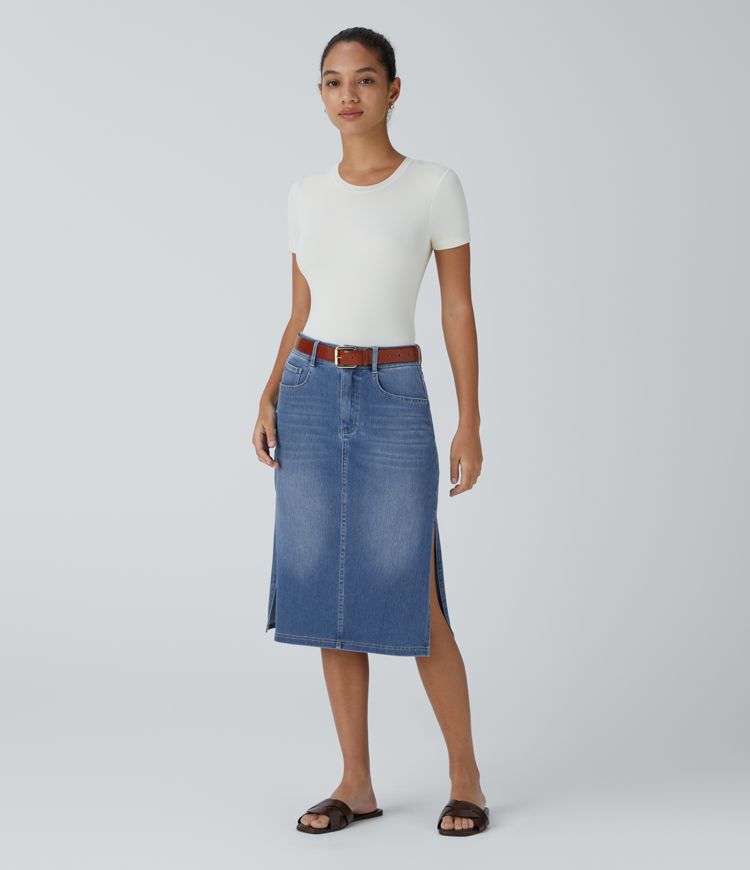 High-Waisted Denim Pencil Skirt | Light Wash | Side Slit Detail | Casual Chic