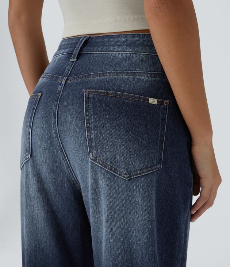 Wide-Leg High-Waisted Jeans with Cuffed Hem | Dark Wash Denim | Retro-Inspired Style