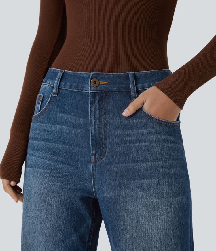 High-Waisted Wide-Leg Jeans | Medium Blue | Rolled Hem Style