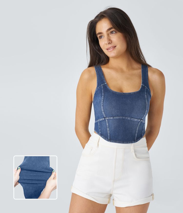 Denim-Look Crop Top | Stretch Cotton Blend | Square Neckline | Casual Summer Style