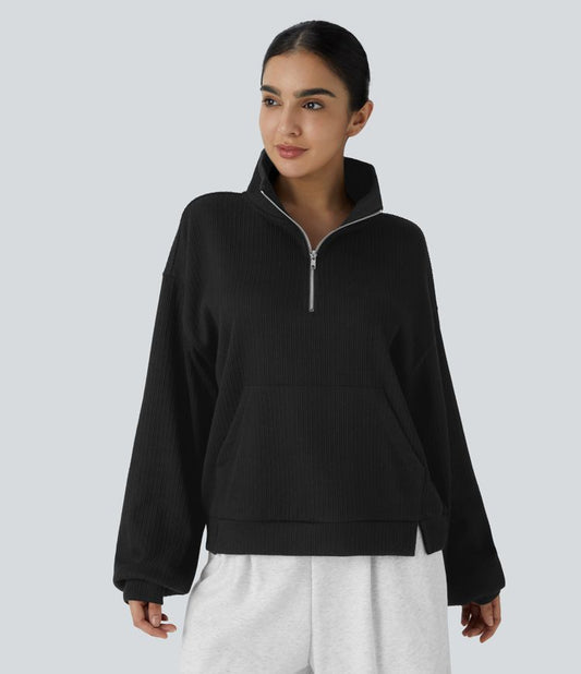 Half-Zip Black Pullover | Cotton Blend | Relaxed and Versatile