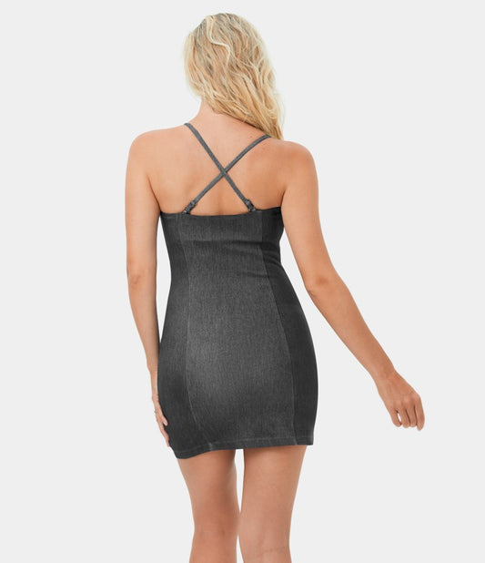 Black Denim Mini Dress | Crisscross Straps | Slim Fit