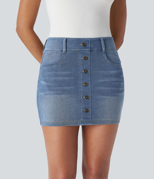 High-Waisted Button-Front Denim Mini Skirt | Stretch Cotton | Classic and Trendy