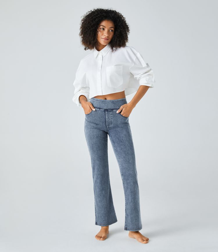 High-Waisted Washed Straight-Leg Jeans | Stretch Denim | Vintage Style