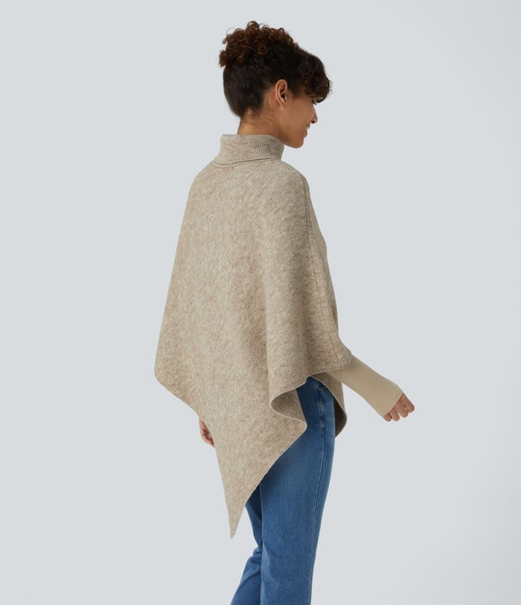 Asymmetric Knit Poncho with Button Details | Beige | Cozy and Chic