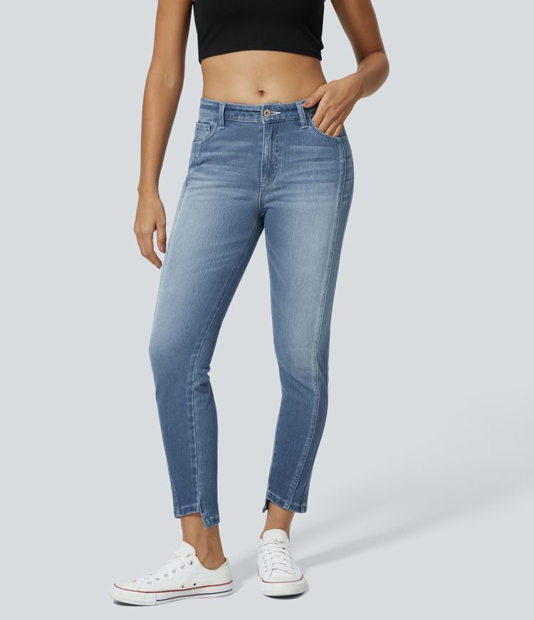 High-Waisted Skinny Jeans with Asymmetrical Hem | Stretch Denim | Modern and Trendy