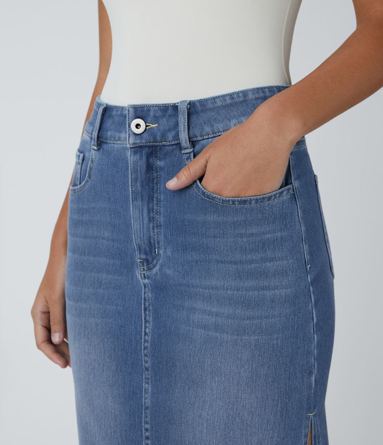 High-Waisted Denim Pencil Skirt | Light Wash | Side Slit Detail | Casual Chic