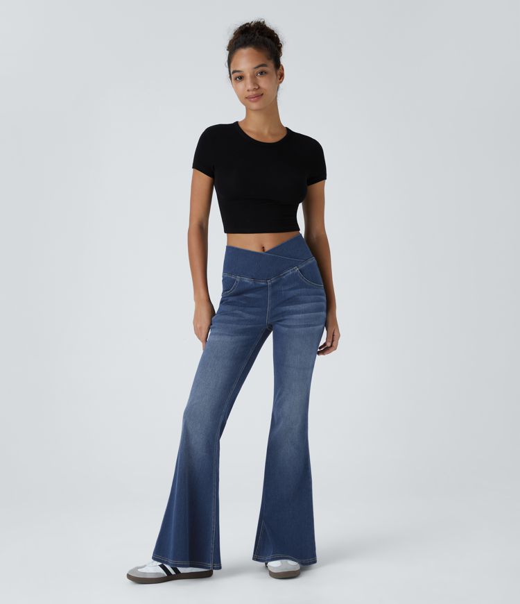 High-Waisted Crossover Flare Jeans | Stretch Denim | Retro and Flattering