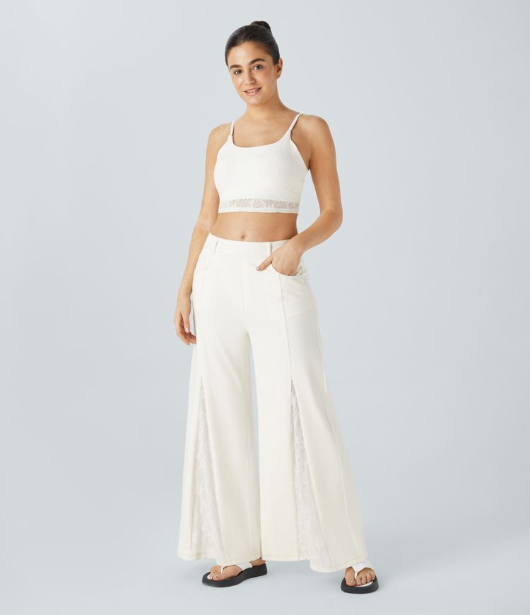 High-Waisted Wide-Leg Pants | White with Lace Panels | Lightweight and Chic