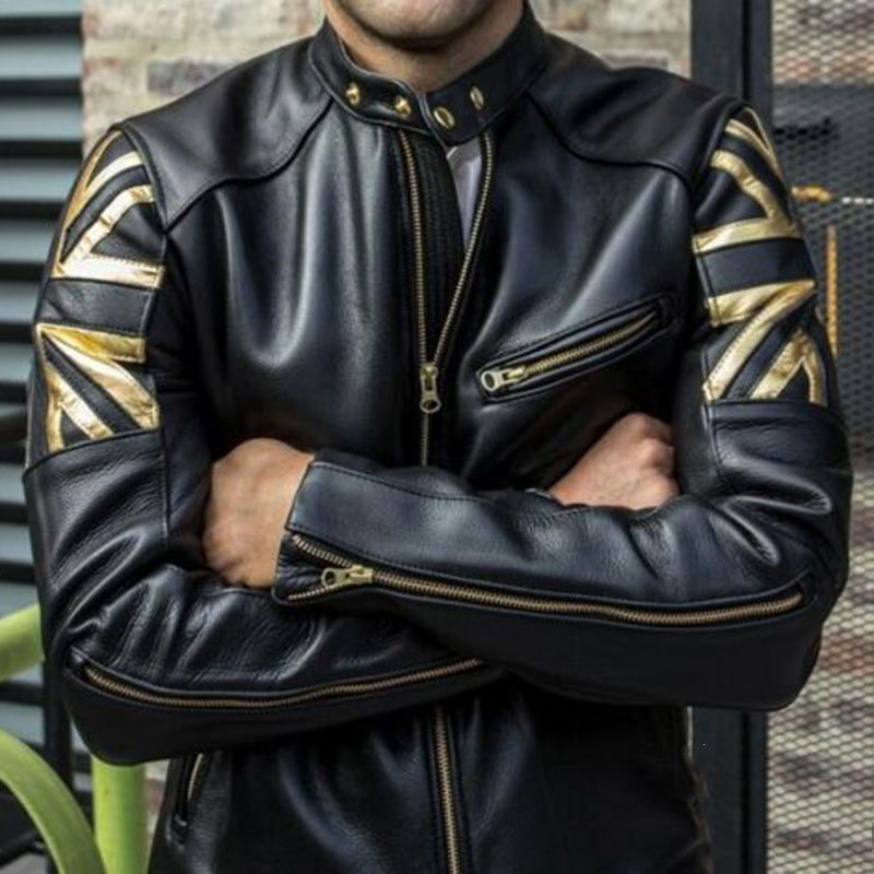 Bold Leather Jacket | Golden Accents | Slim Fit Biker Style