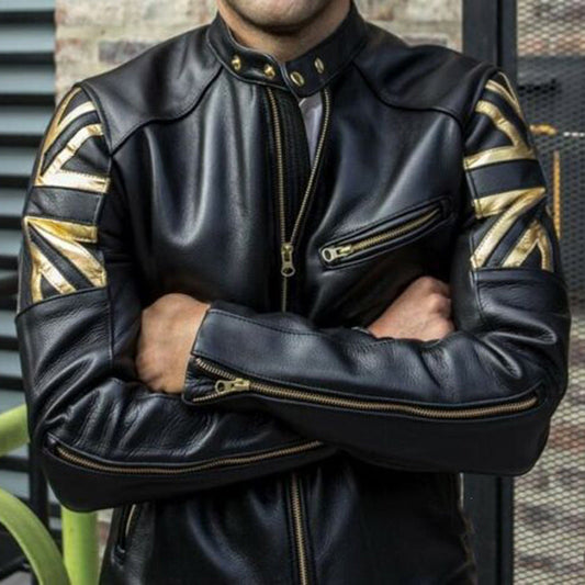 Bold Leather Jacket | Golden Accents | Slim Fit Biker Style