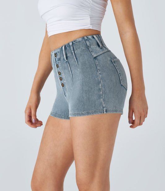 High-Waisted Button-Front Cheeky Denim Shorts | Stretch Cotton | Retro and Playful