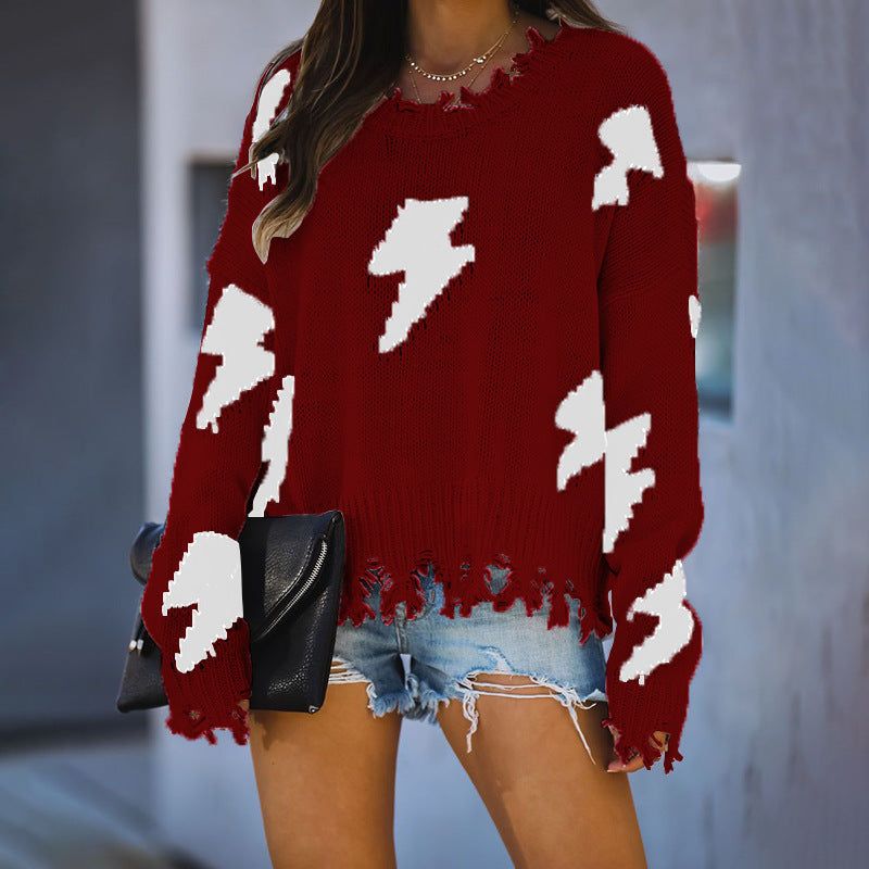 Women's Lightning Bolt Sweater | Distressed Knit | Bold and Trendy