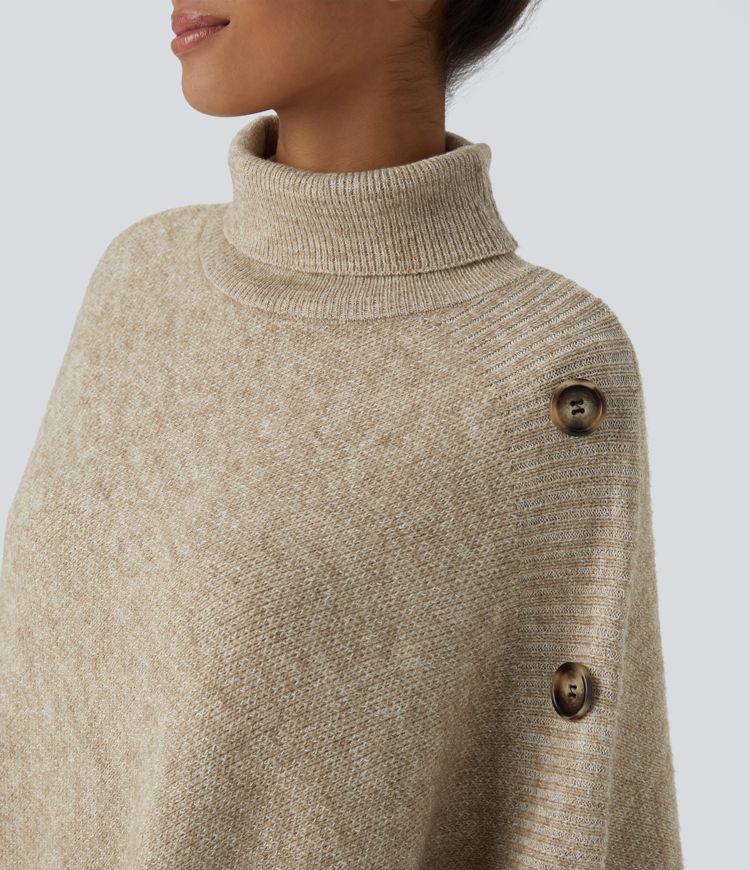 Asymmetric Knit Poncho with Button Details | Beige | Cozy and Chic