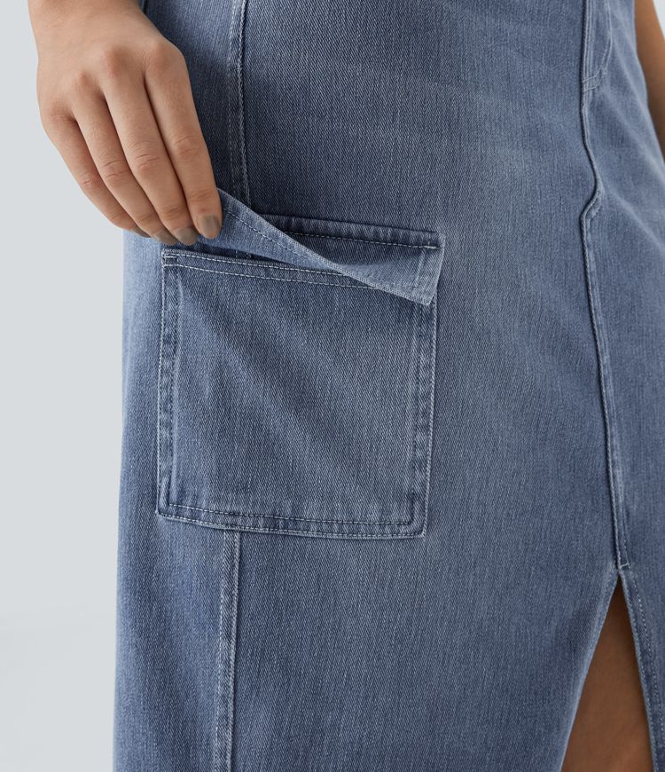 High-Waisted Denim Cargo Skirt | Light Wash | Side Slit & Pocket Details | Casual Utility Style