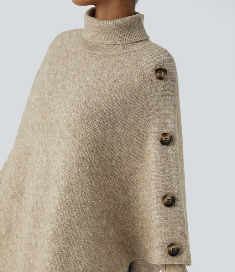 Asymmetric Knit Poncho with Button Details | Beige | Cozy and Chic