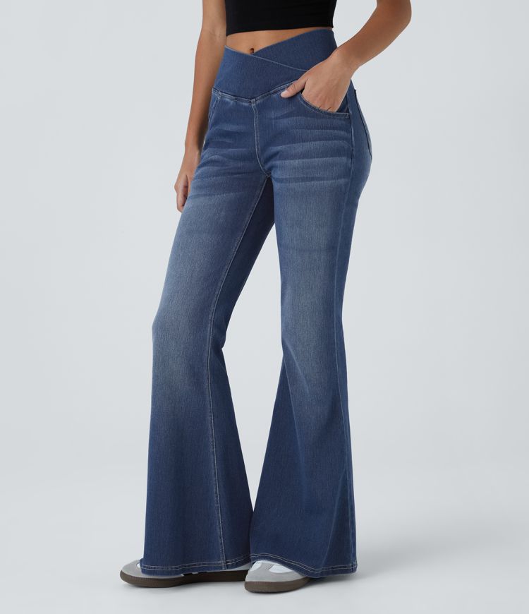 High-Waisted Crossover Flare Jeans | Stretch Denim | Retro and Flattering