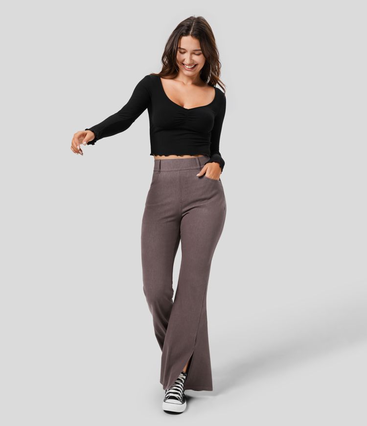 High-Waisted Flared Pants | Slit Hem | Stretch Comfort