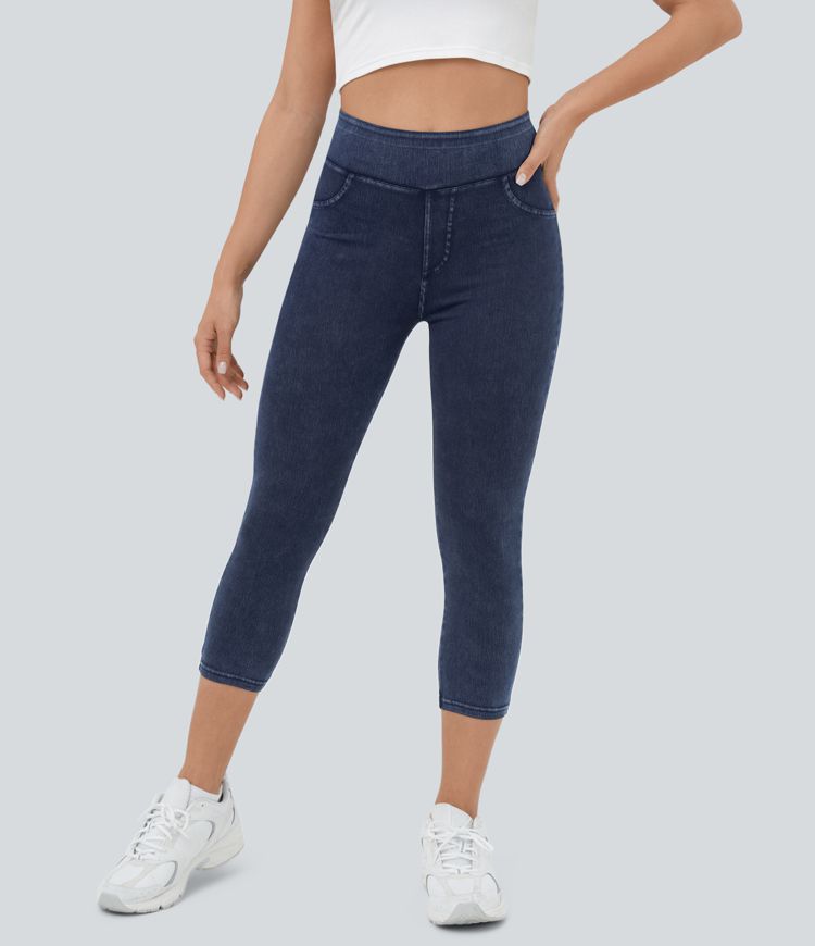 High-Waisted Cropped Jeggings | Faux Denim | Dark Blue