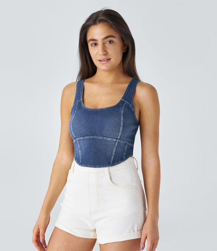 Denim-Look Crop Top | Stretch Cotton Blend | Square Neckline | Casual Summer Style