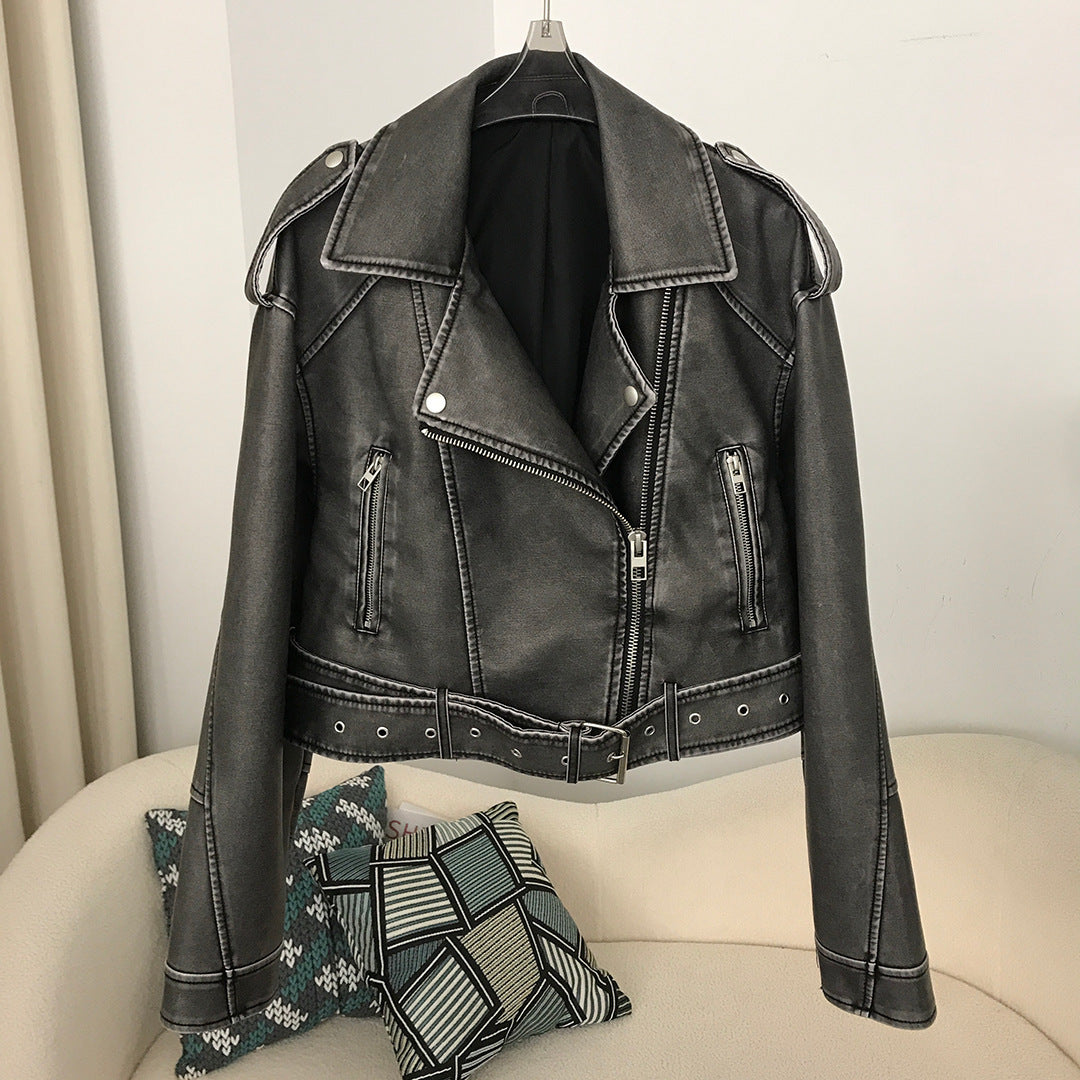 Cropped Moto Leather Jacket | Adjustable Belt | Edgy Style