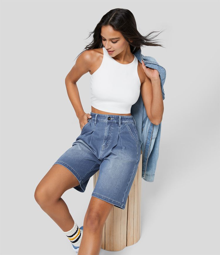 Knee-Length Pleated Denim Shorts | High-Waisted | Relaxed Fit