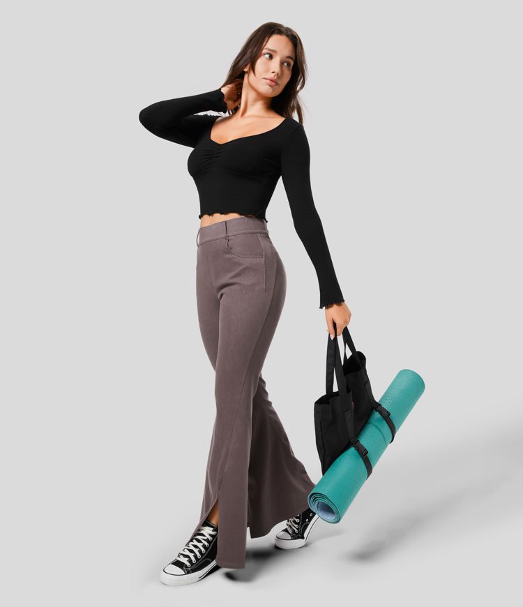 High-Waisted Flared Pants | Slit Hem | Stretch Comfort