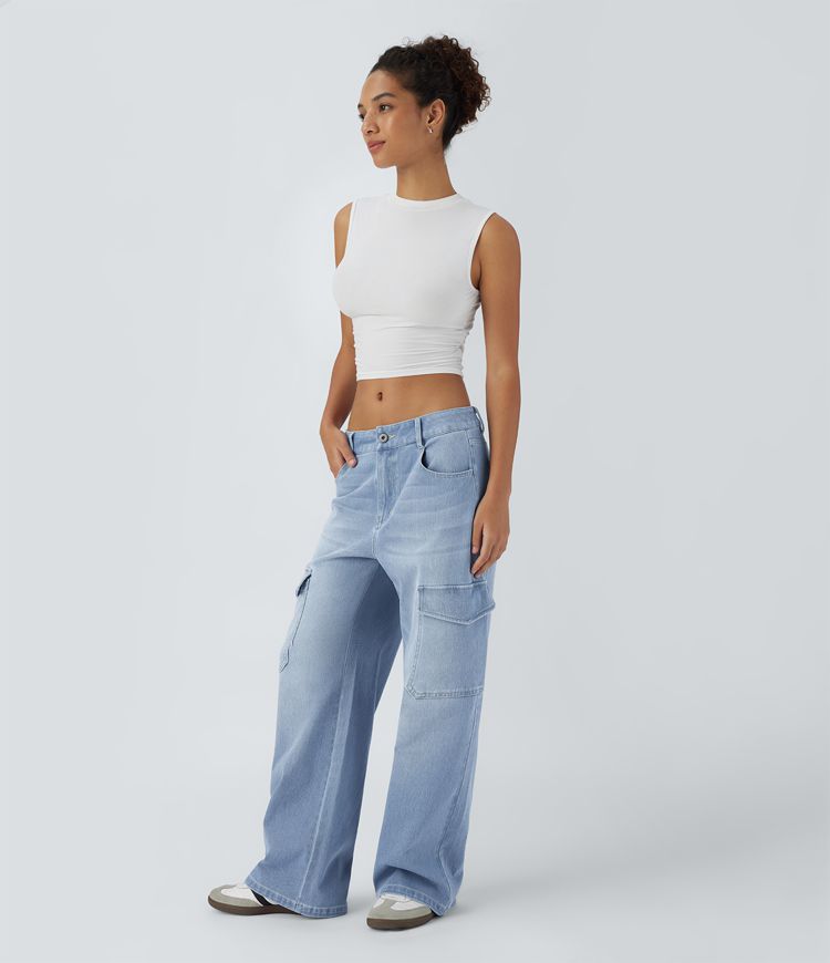 Wide-Leg Utility Jeans | Light Wash Denim | Cargo Pocket Details | Relaxed Fit