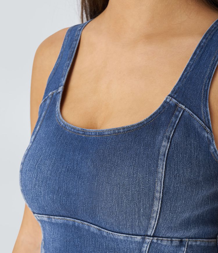 Denim-Look Crop Top | Stretch Cotton Blend | Square Neckline | Casual Summer Style