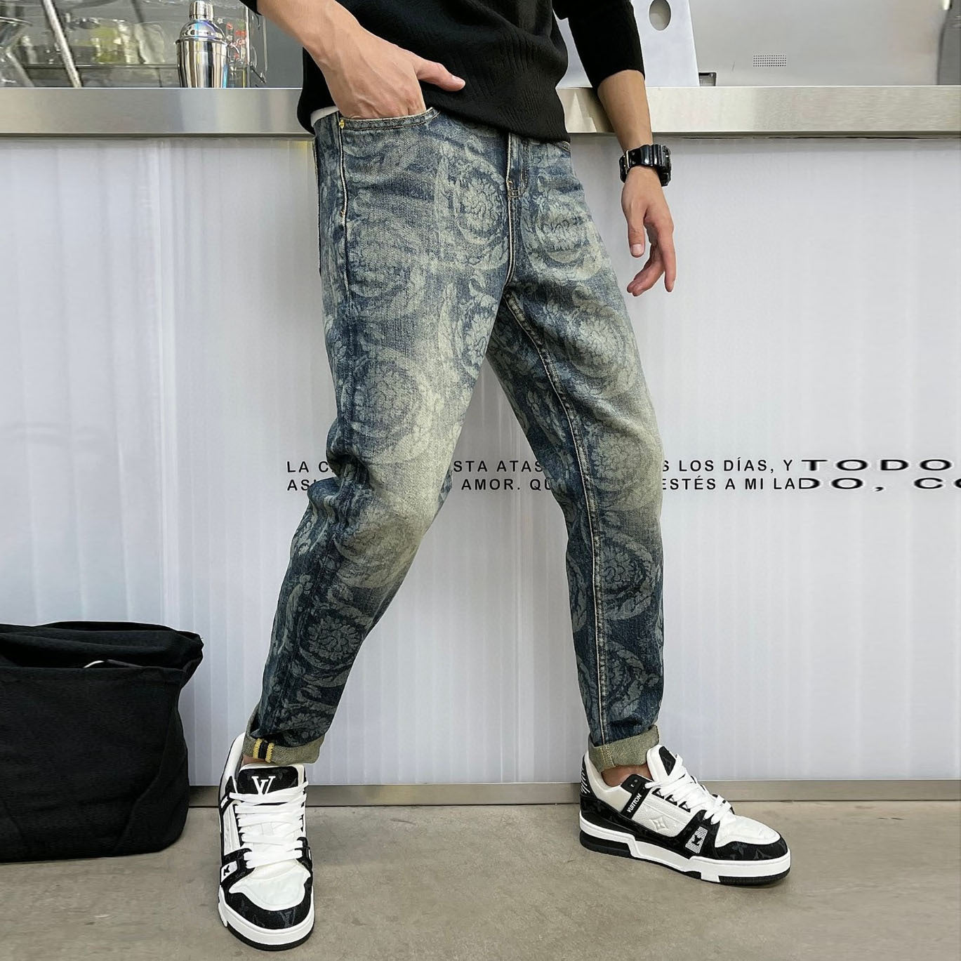 Patterned Distressed Jeans | Abstract Print | Tapered Fit