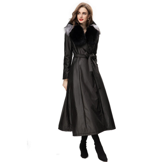 Long Leather Trench Coat | Faux Fur Collar | Maxi Elegance