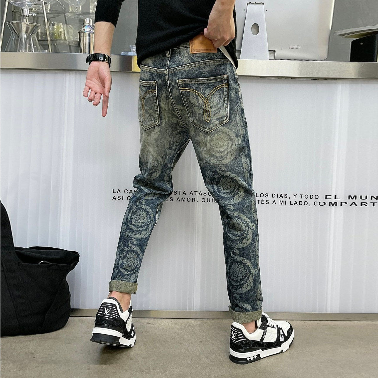 Patterned Distressed Jeans | Abstract Print | Tapered Fit