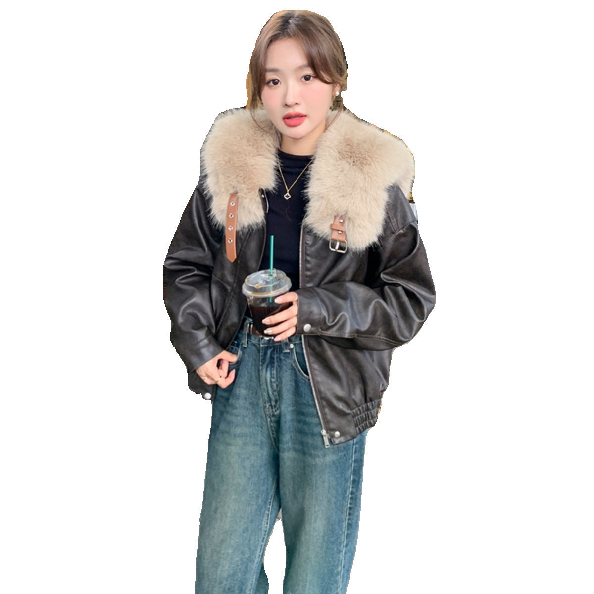 Leather Jacket with Faux Fur Collar | Detachable | Winter Chic