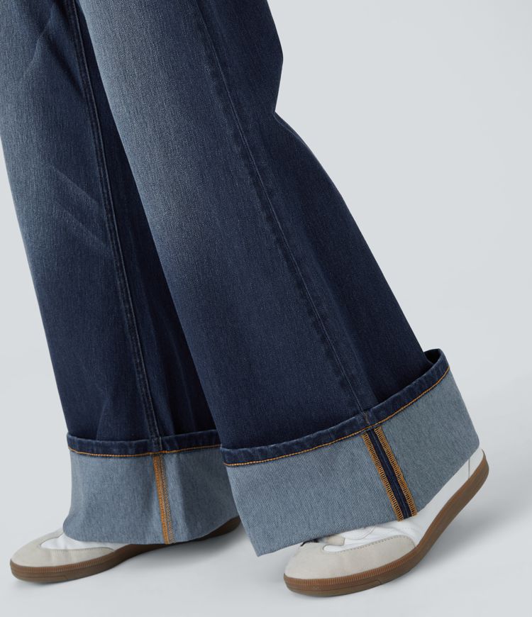 Wide-Leg High-Waisted Jeans with Cuffed Hem | Dark Wash Denim | Retro-Inspired Style