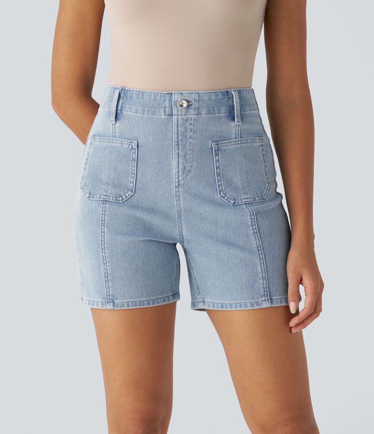 High-Waisted Denim Shorts with Patch Pockets | Stretch Cotton | Vintage and Stylish