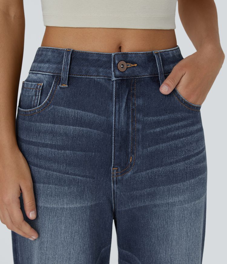 Wide-Leg High-Waisted Jeans with Cuffed Hem | Dark Wash Denim | Retro-Inspired Style