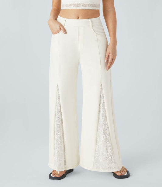 High-Waisted Wide-Leg Pants | White with Lace Panels | Lightweight and Chic