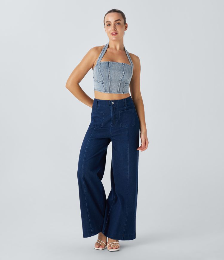 Halter Denim-Look Crop Top | Stretch Cotton Blend | Back Tie Detail | Trendy Summer Style