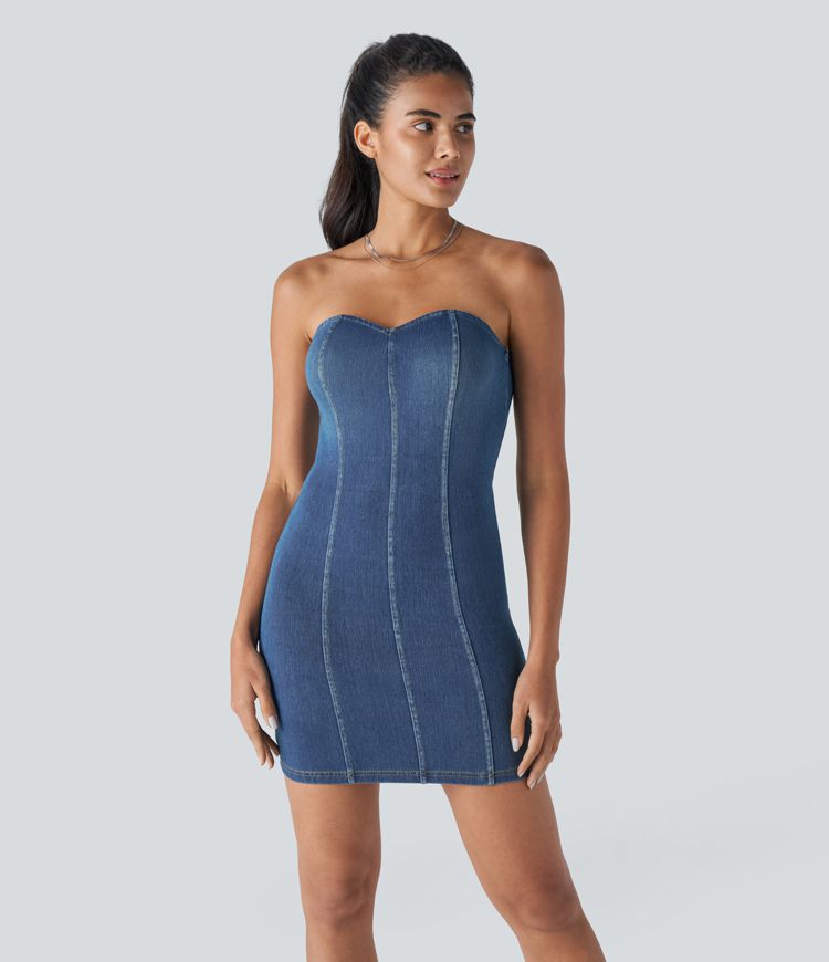 Strapless Denim Mini Dress | Sweetheart Neckline | Stretch Fit