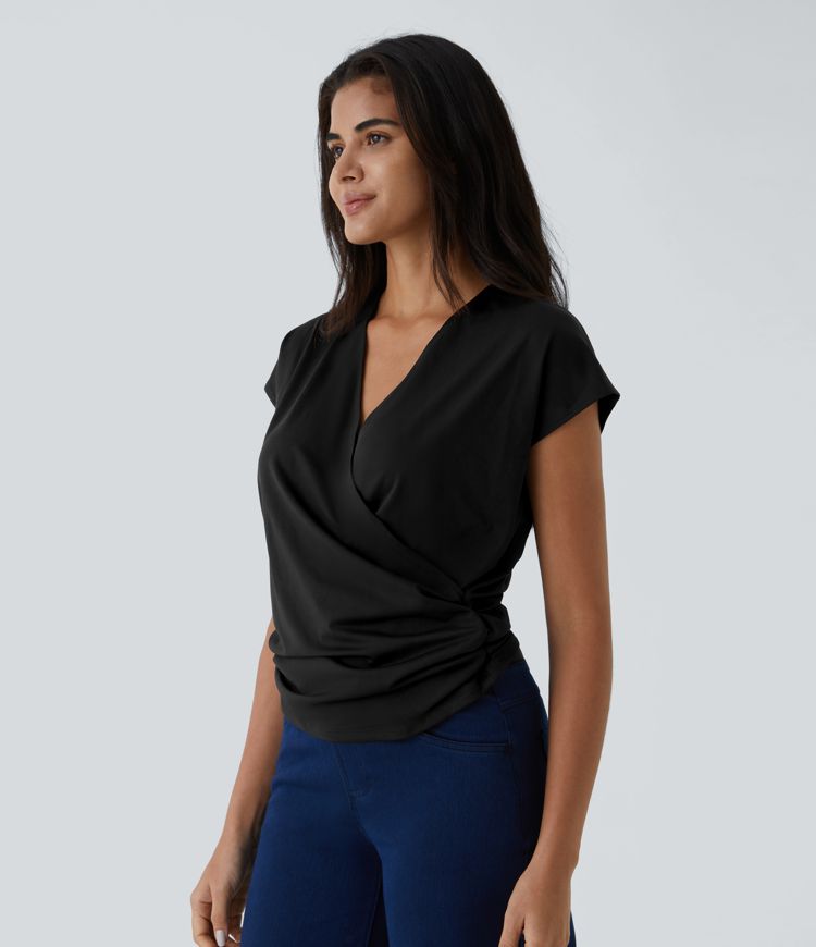 Draped Wrap V-Neck Top | Elegant Fit | Soft Stretch Fabric | Versatile Style