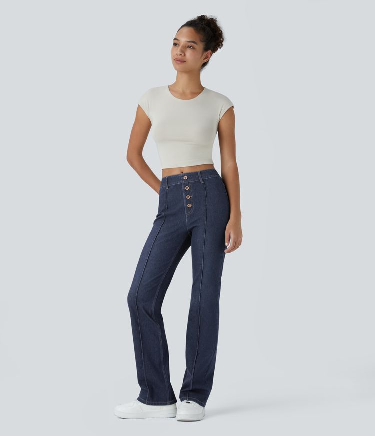 High-Waisted Button-Fly Jeans | Dark Wash Denim | Flared Leg | Retro-Inspired Style