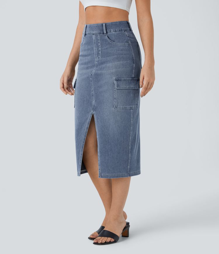 High-Waisted Denim Cargo Skirt | Light Wash | Side Slit & Pocket Details | Casual Utility Style