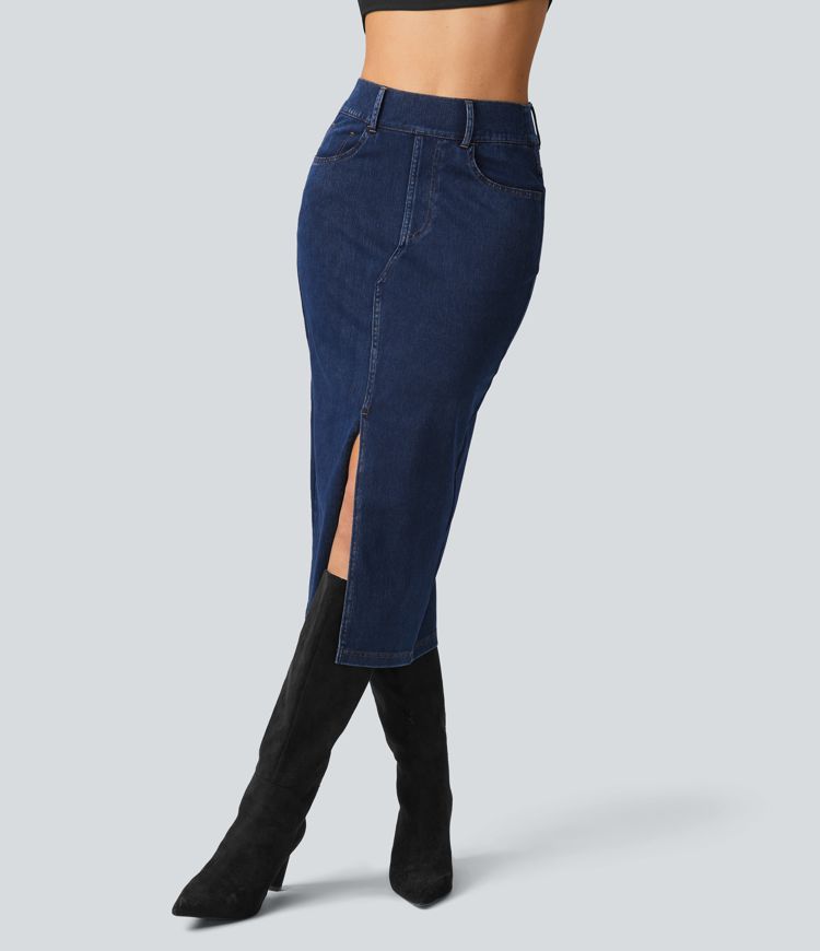 High-Waisted Denim Midi Skirt with Side Slit | Stretch Denim | Elegant and Versatile