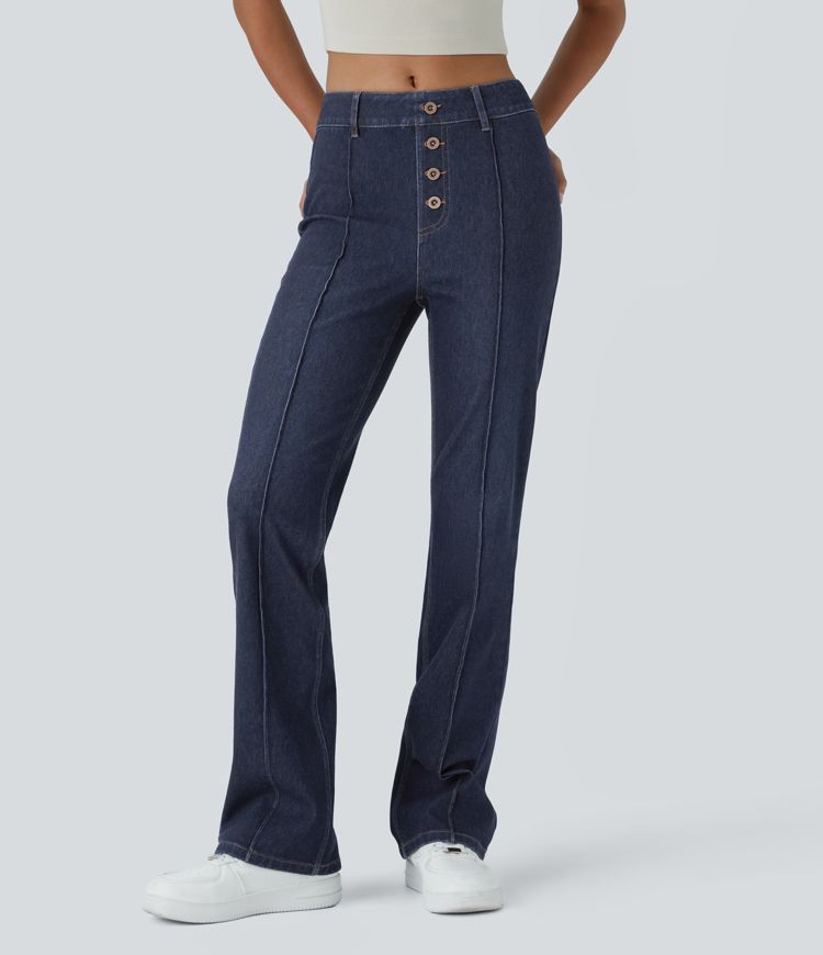 High-Waisted Button-Fly Jeans | Dark Wash Denim | Flared Leg | Retro-Inspired Style